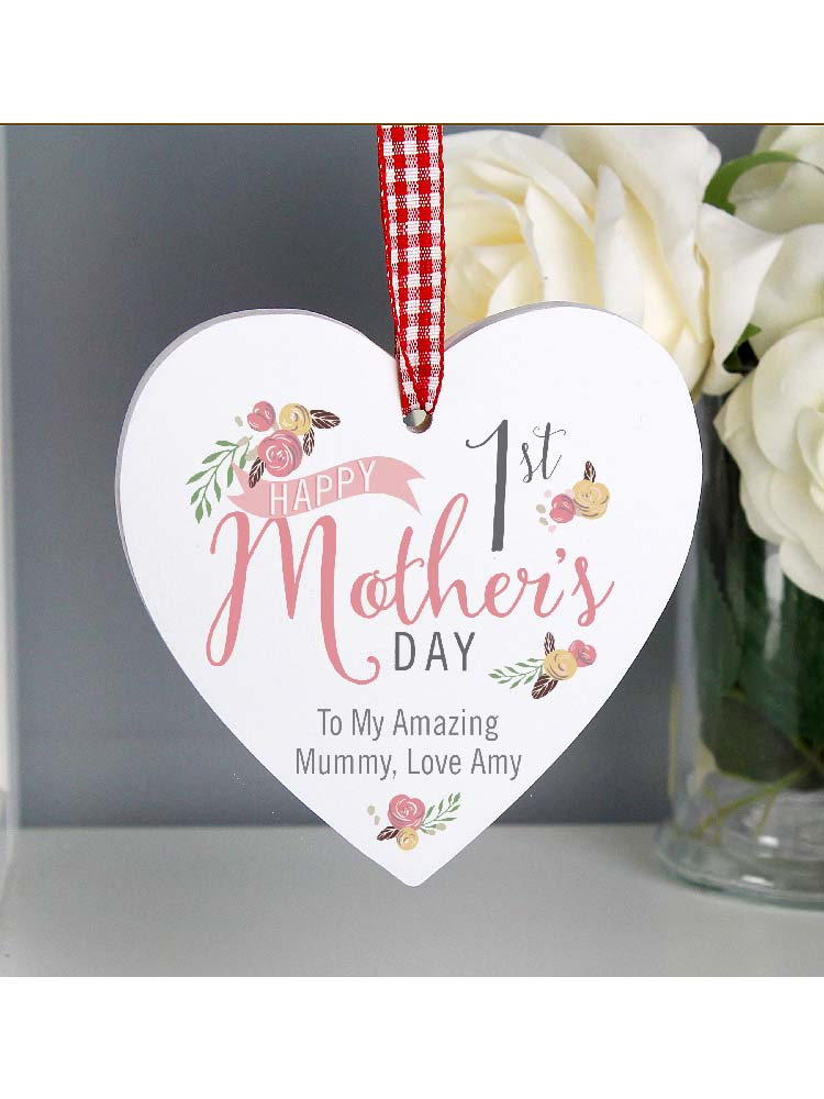 Personalised Floral Bouquet 1st Mothers Day Wooden Heart Decoration