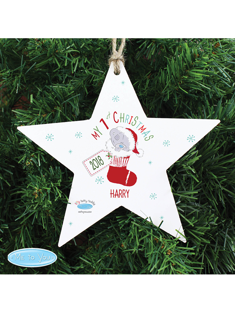 Personalised Tiny Tatty Teddy My 1st Christmas Stocking Wooden Star Decoration