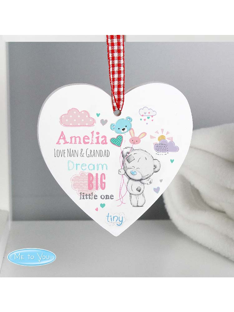 Personalised Tiny Tatty Teddy Dream Big Pink Wooden Heart Decoration