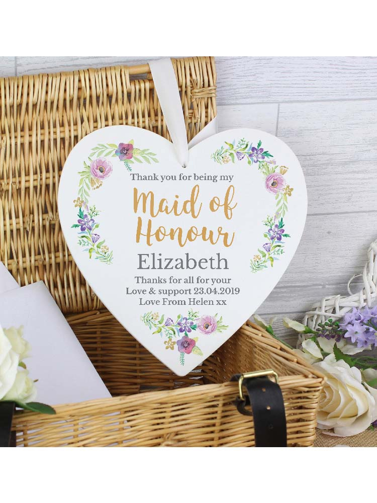 Personalised Maid of Honour 'Floral Watercolour Wedding' 22cm Large Wooden Heart Decoration