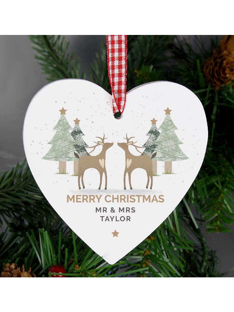 Personalised Reindeer Couple Wooden Heart Decoration