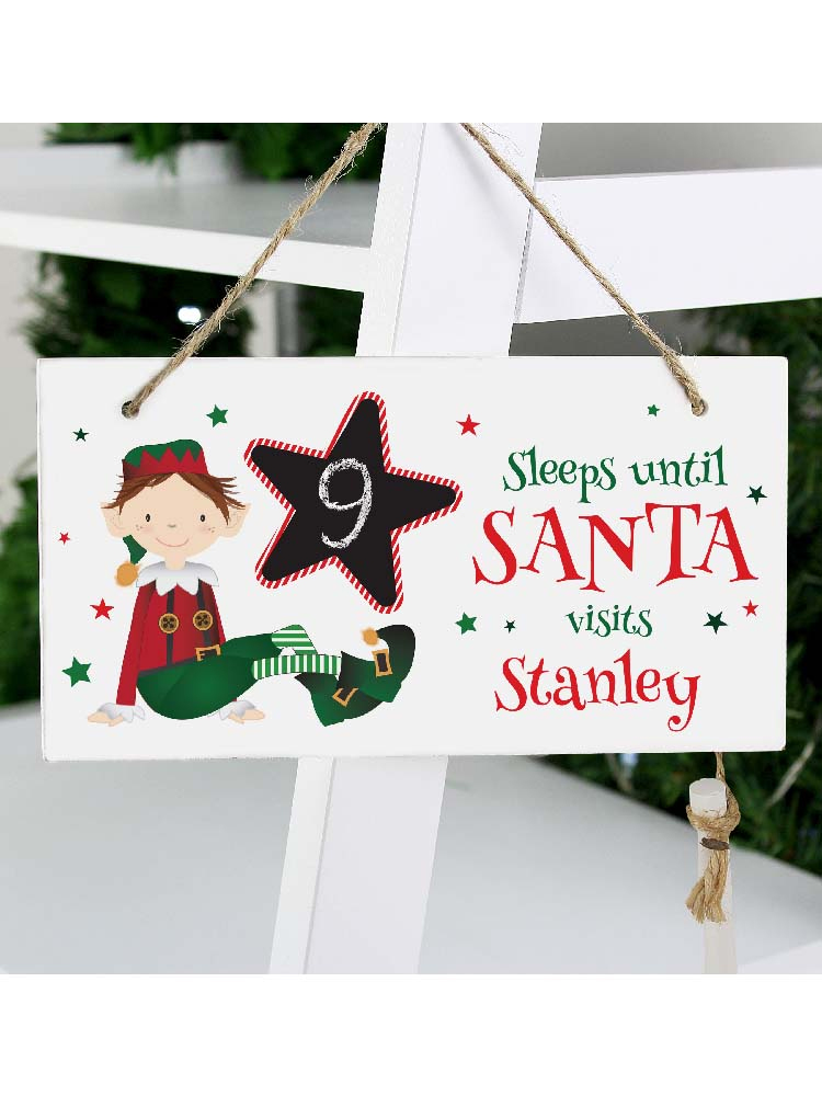 Personalised Elf Christmas Chalk Countdown Wooden Sign