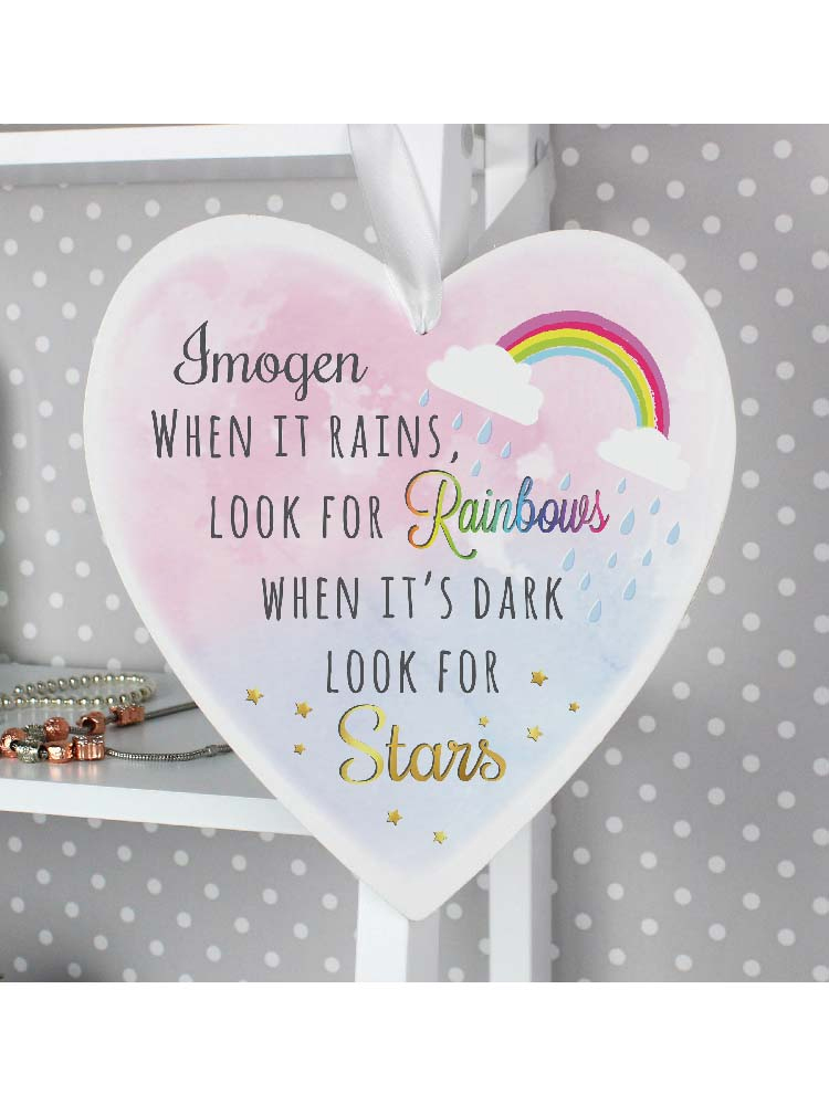 Personalised Rainbows and Stars 22cm Large Wooden Heart Decoration