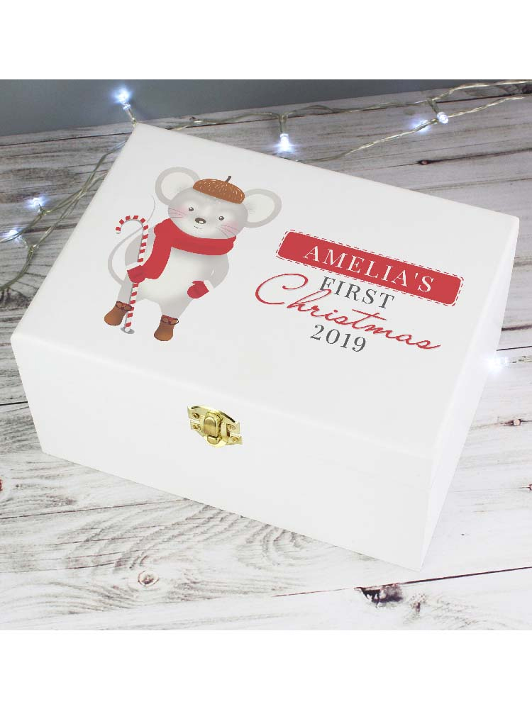 Personalised '1st Christmas' Mouse White Wooden Keepsake Box