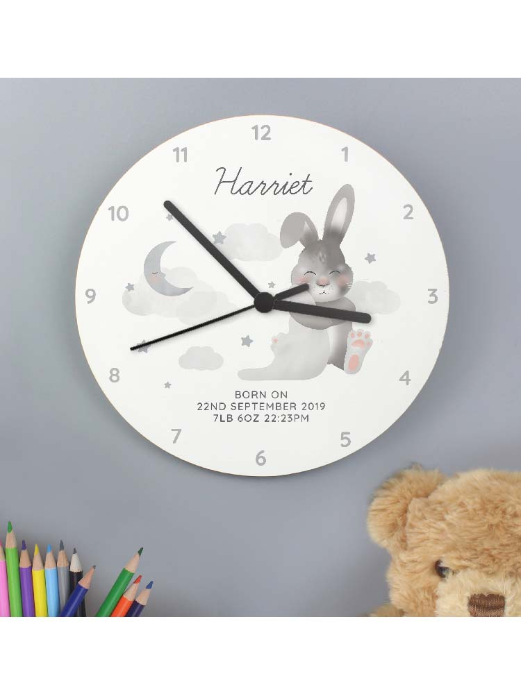 Personalised Baby Bunny White Wooden Clock