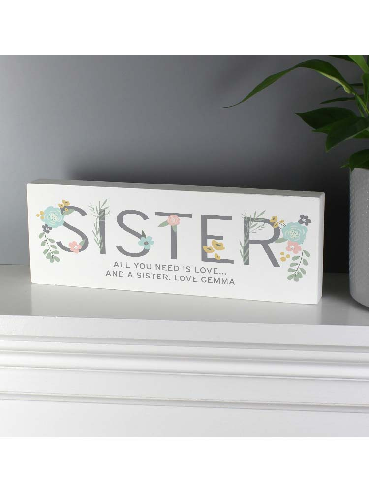 Personalised Floral Sister Wooden Block Sign