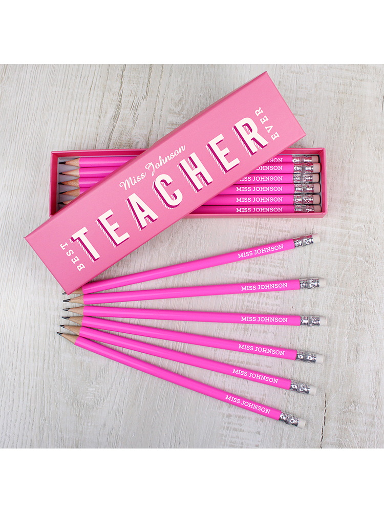 Personalised Best Teacher Ever Box and 12 Pink HB Pencils