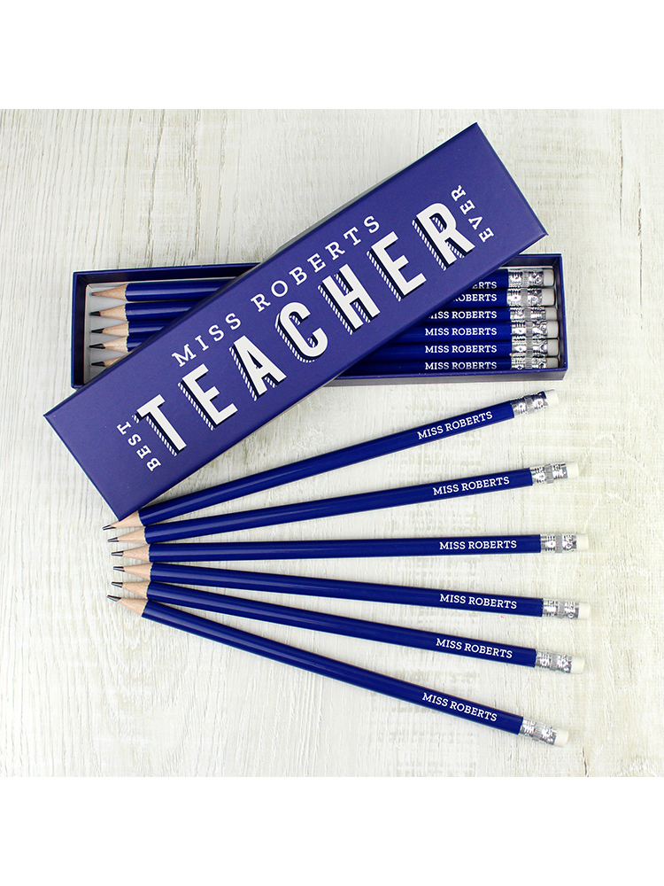 Personalised Best Teacher Ever Box and 12 Blue HB Pencils