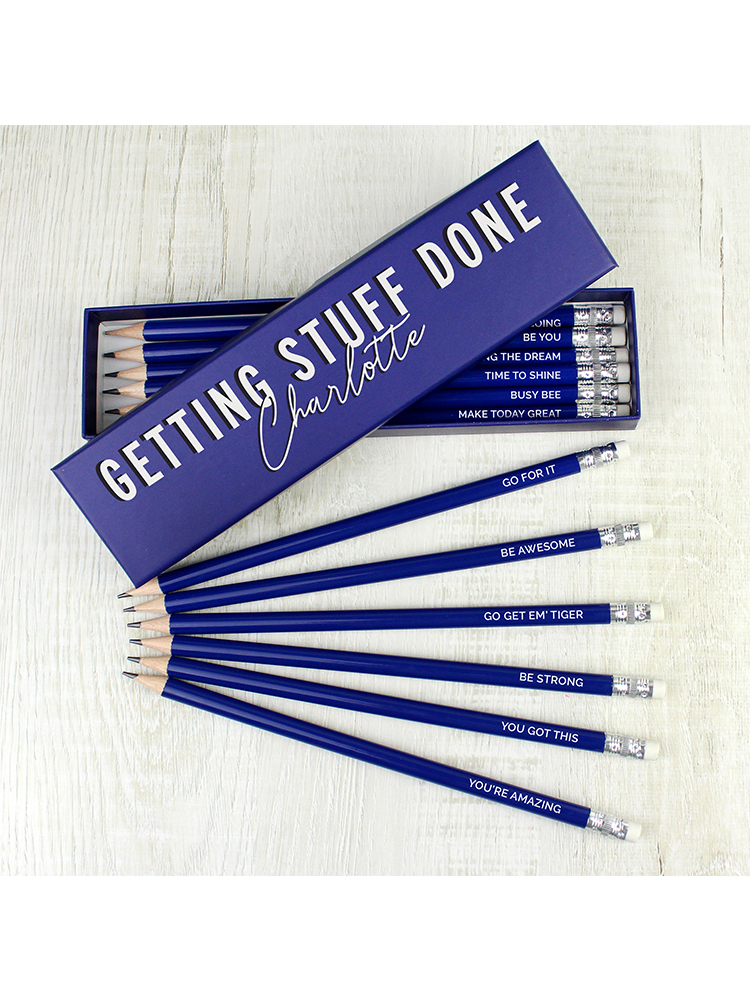 Personalised Getting Stuff Done Box and 12 Blue HB Pencils