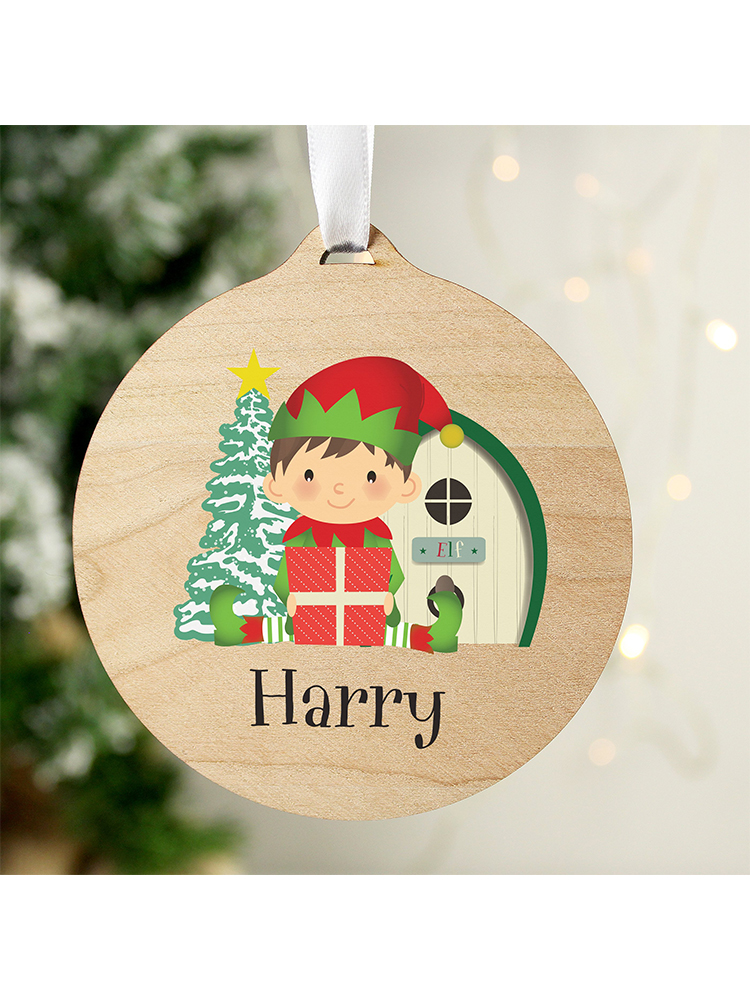 Personalised Elf Round Wooden Decoration