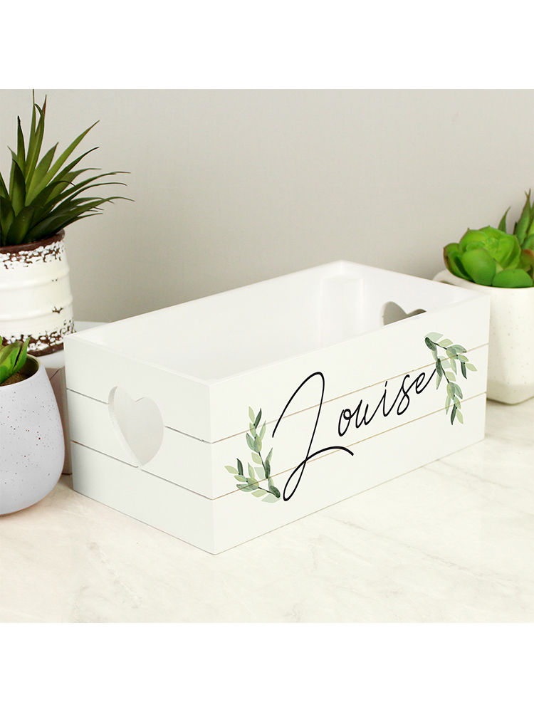 Personalised Name Only Botanical White Wooden Crate