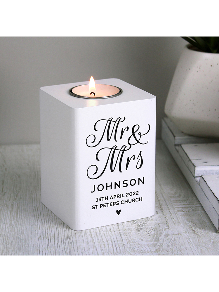 Personalised Mr & Mrs White Wooden Tea light Holder