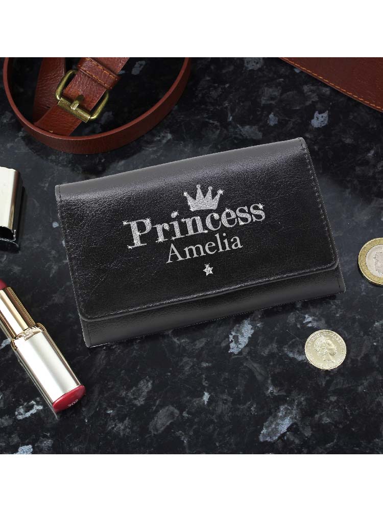 Personalised Princess Black Leather Purse