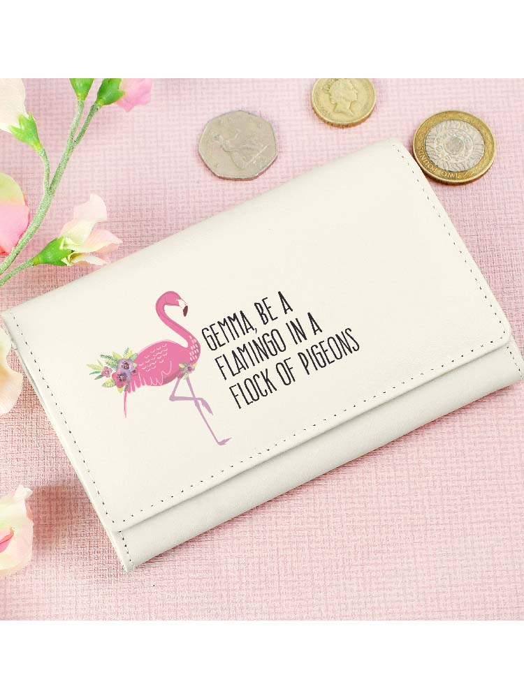 Personalised Flamingo Cream Leather Purse