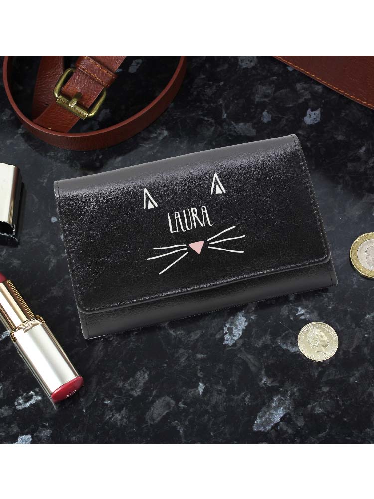 Personalised Cat Features Black Purse