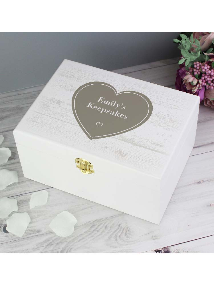 Personalised Rustic Heart White Wooden Keepsake Box