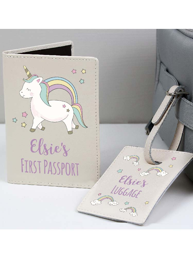 Personalised Baby Unicorn Cream Passport Holder & Luggage Tag Set