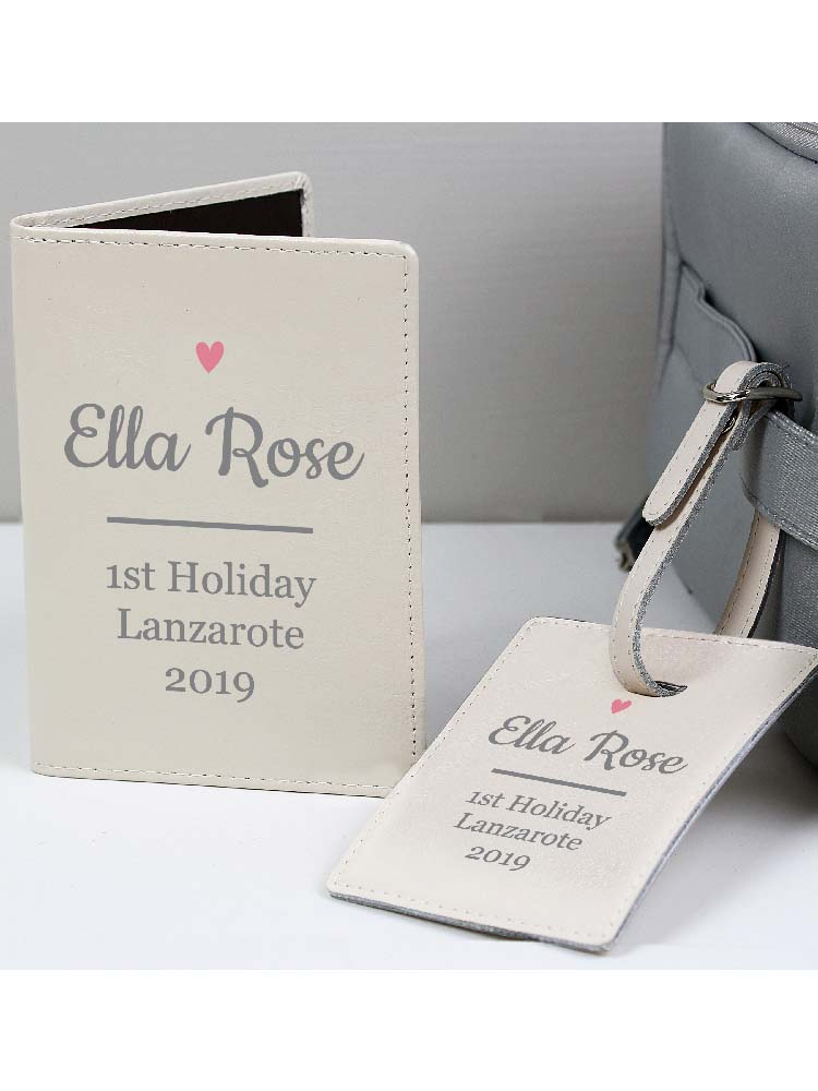 Personalised Pink Heart Cream Passport Holder & Luggage Tag Set