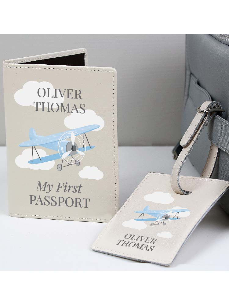 Personalised Blue Plane Passport Holder & Luggage Tag Set