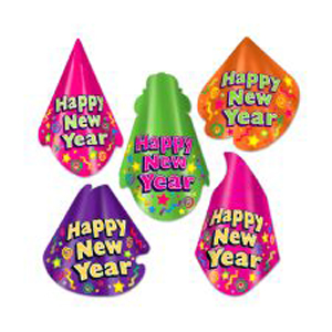 Assorted Colour-Bright Cardboard New Year Hats (Qty 10)
