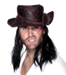Pirate Hat, Brown Leather Look with Hair 