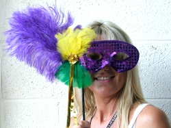 Feathered Mask Purple Sequin On Stick With Gold Streamers (1)