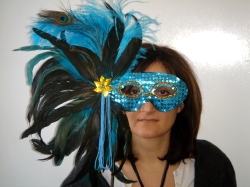 Turquoise Sequin Mask On A Stick With Feathers. (1)