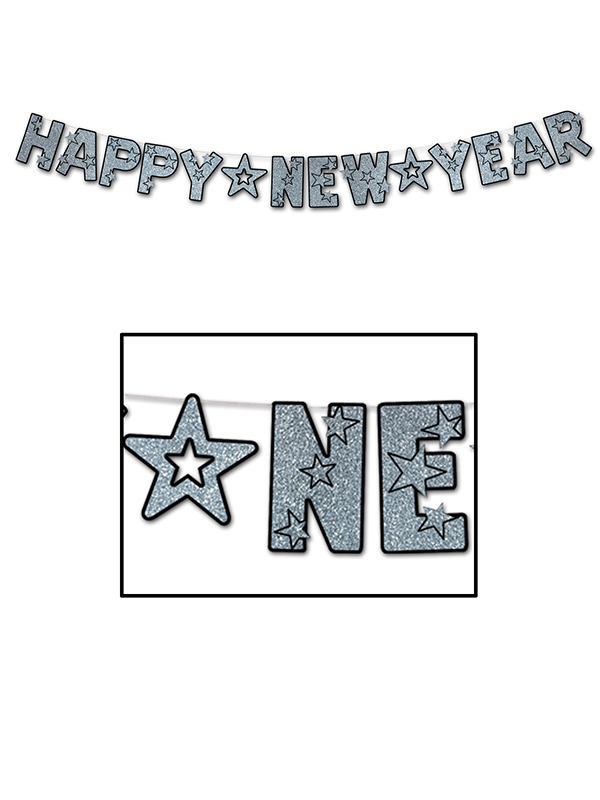 Glittered Happy New Year Banner - Silver & Black