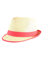 Straw Fedora Hat with Neon Pink Trim 