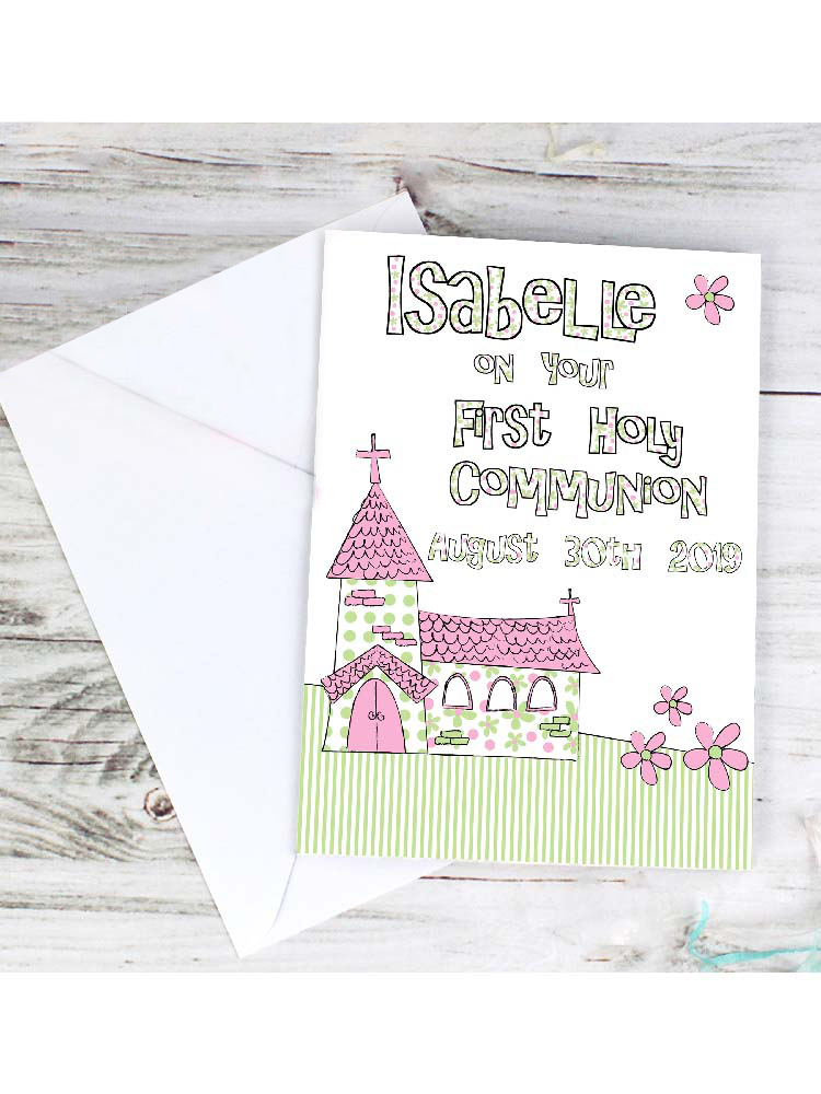 Personalised Whimsical Church Pink 1st Holy Communion Card