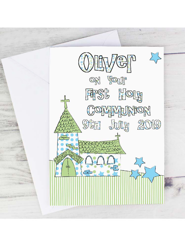 Personalised Whimsical Church Blue 1st Holy Communion Card