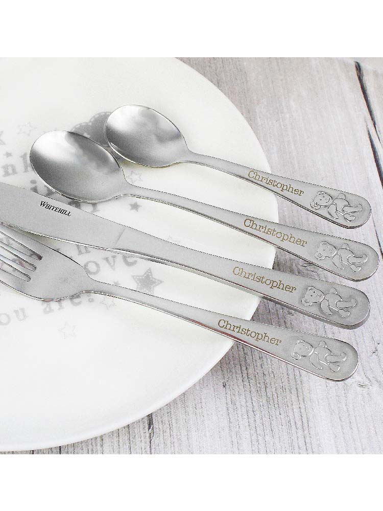 Personalised Teddy 4 Piece Embossed Cutlery Set