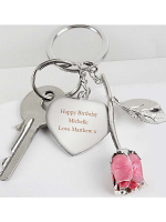 Personalised Silver Plated Pink Rose Keyring