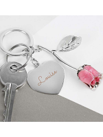 Personalised Silver Plated Name Pink Rose Keyring