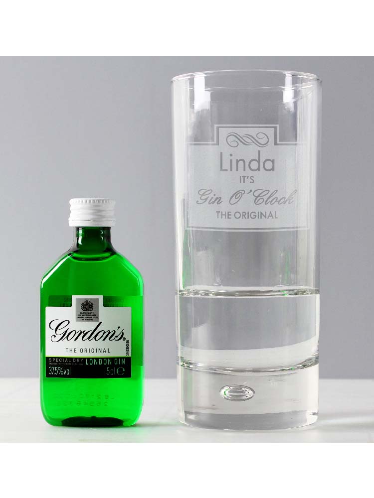 Personalised Gin OClock Hi Ball Bubble Glass & Gin Miniature Set