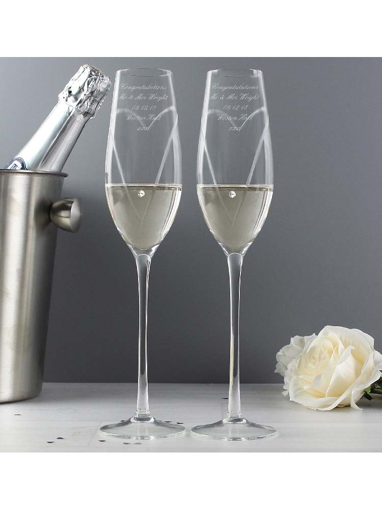 Personalised Hand Cut Heart Pair of Flutes with Swarovski Elements with Gift Box