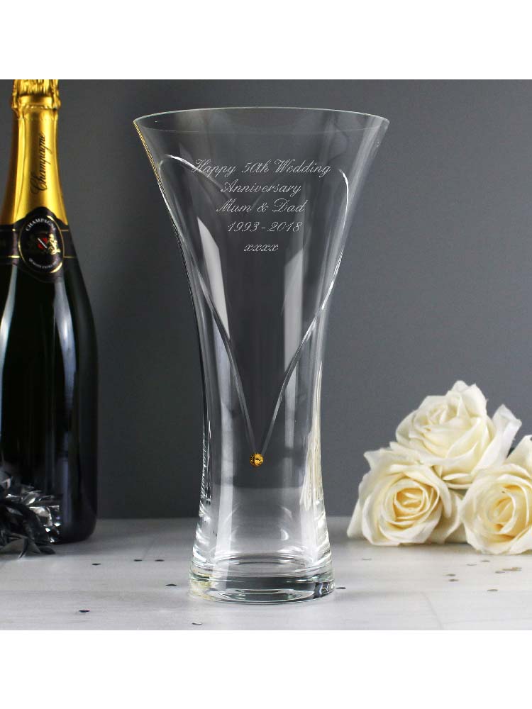 Personalised Large Hand Cut Gold Diamante Heart Vase with Swarovski Elements