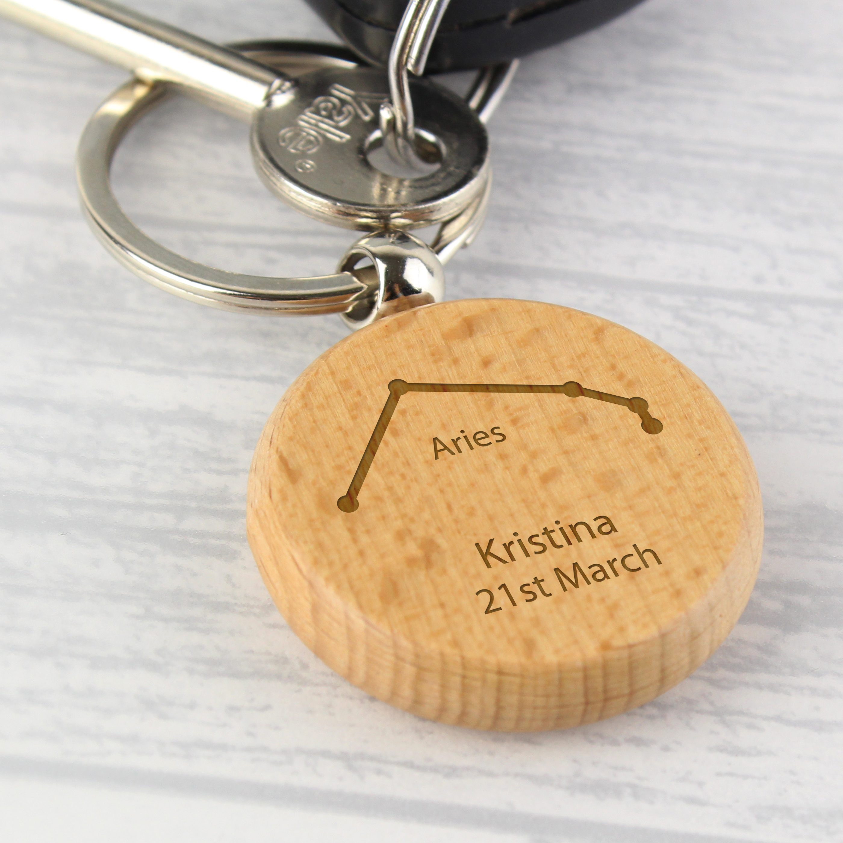 Personalised Aries Zodiac Star Sign Wooden Keyring (March 21st-April 19th)