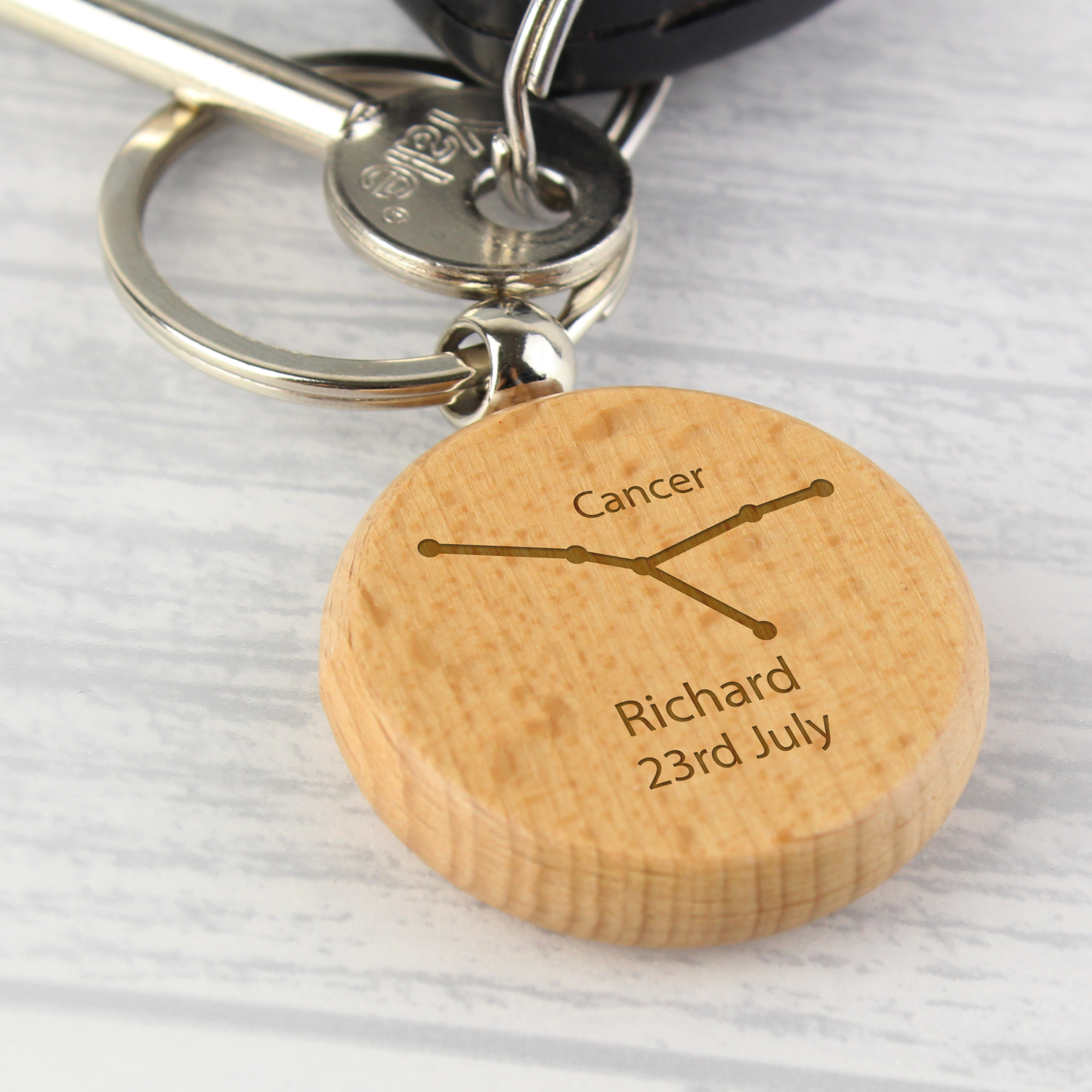 Personalised Cancer Zodiac Star Sign Wooden Keyring (June 21st - July 22nd)