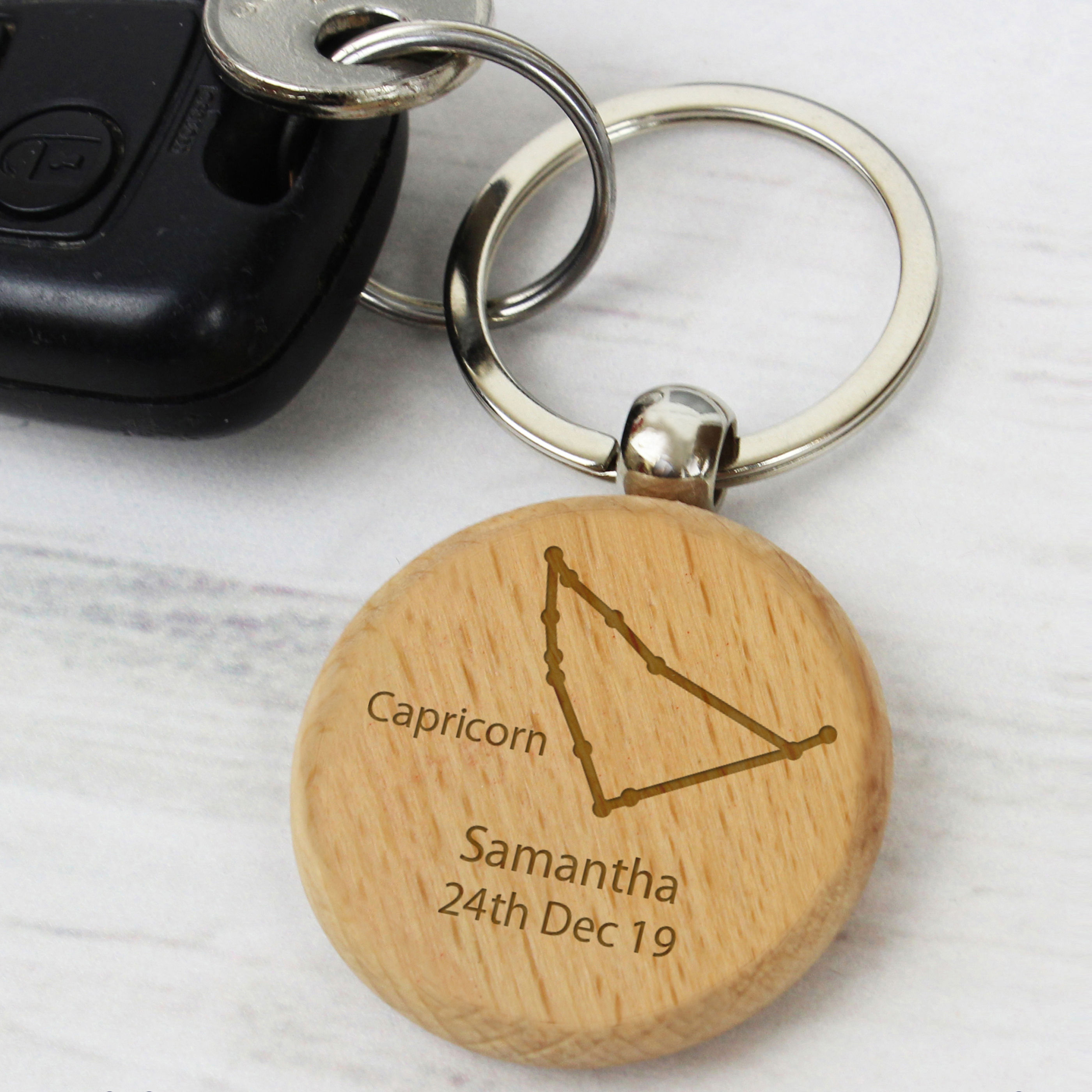 Personalised Capricorn Zodiac Star Sign Wooden Keyring (December 22nd - 19th January)