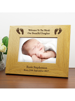 Personalised Oak Finish 6x4 Landscape Baby Footprints Photo Frame