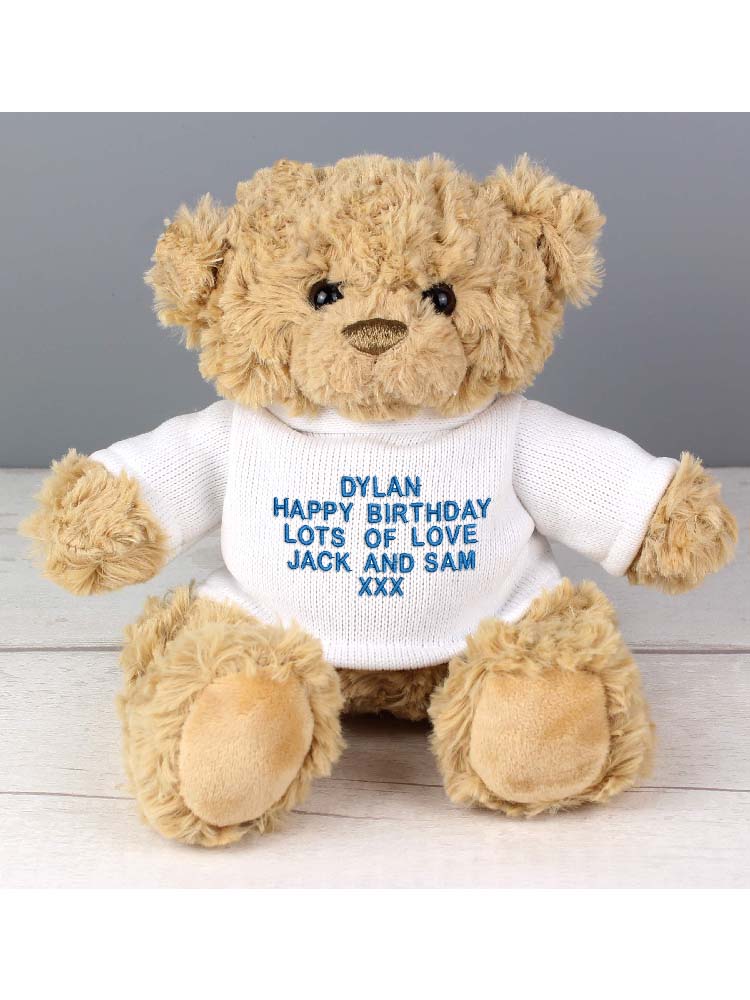 Personalised Message Teddy Bear - Blue Embroidery