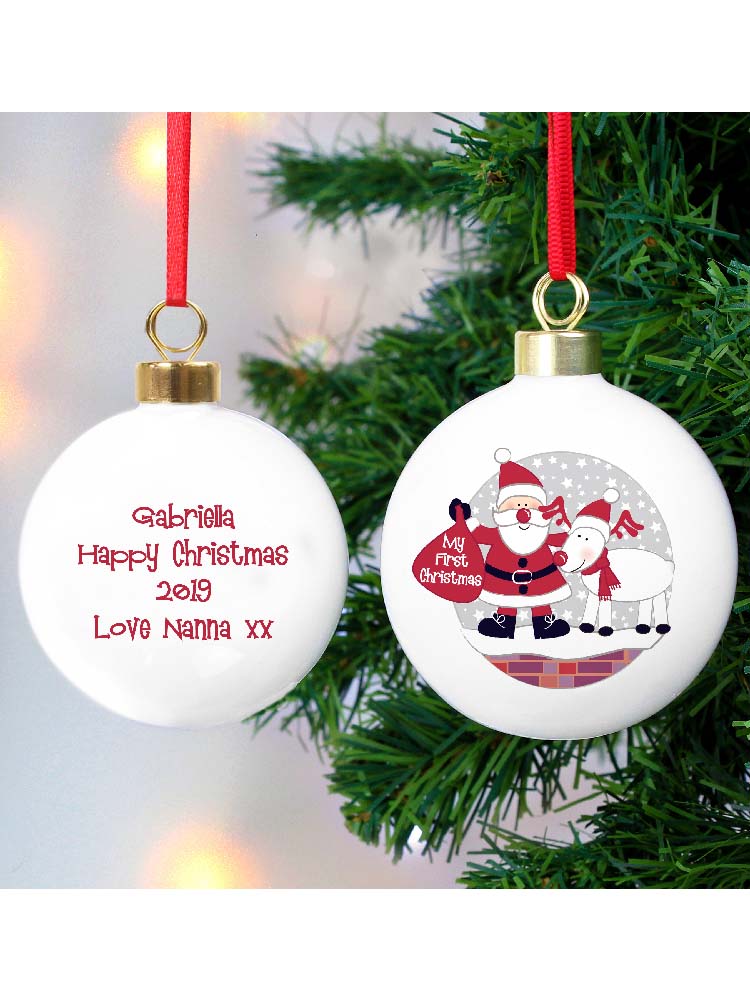 Personalised Rooftop Santa First Christmas Bauble