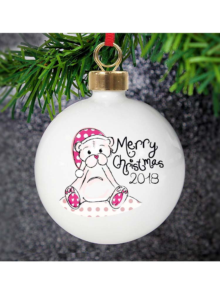 Personalised Cute Teddy Merry Xmas Bauble