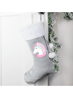 Personalised Christmas Unicorn Luxury Silver Grey Stocking