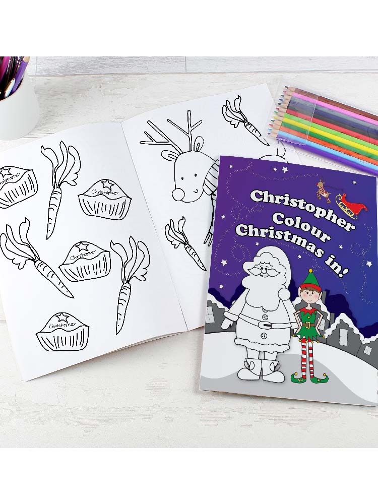 Personalised 'It's Christmas' Elf Colouring Book with Pencil Crayons