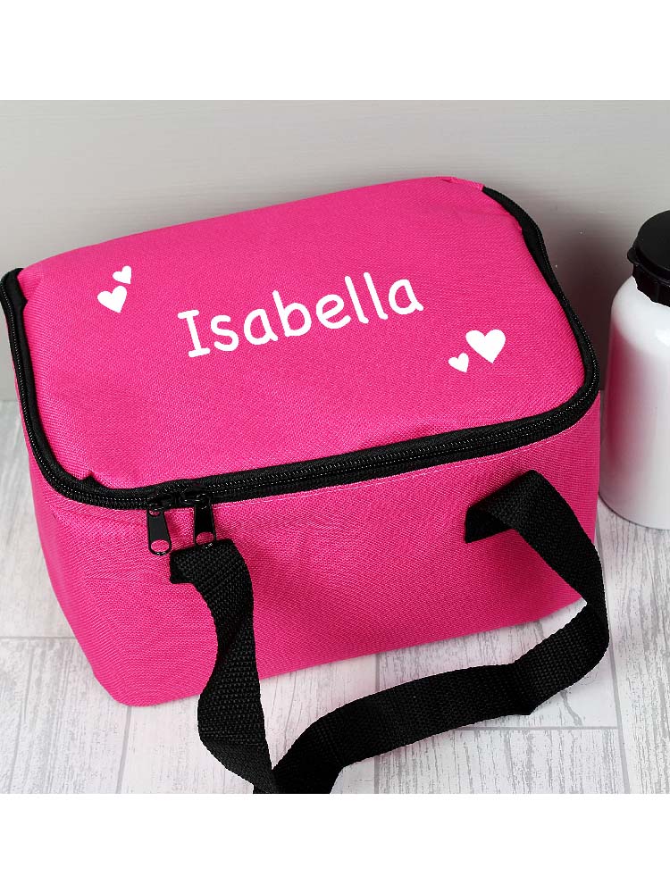 Personalised White Hearts Pink Lunch Bag