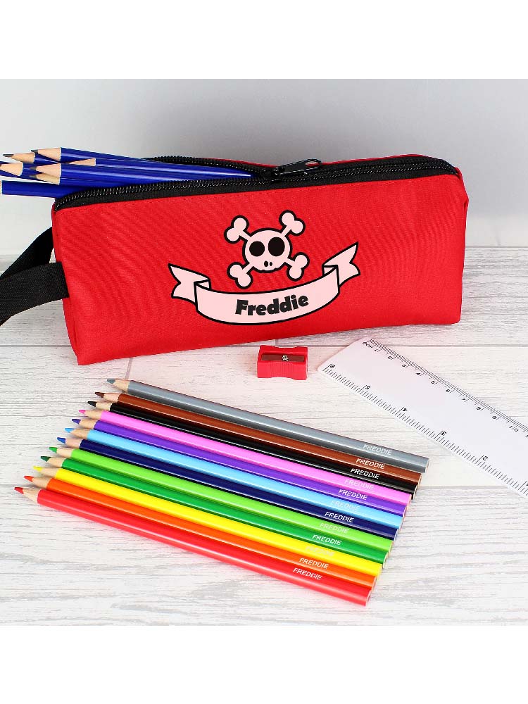 Red Skull Pencil Case with Personalised Pencils 