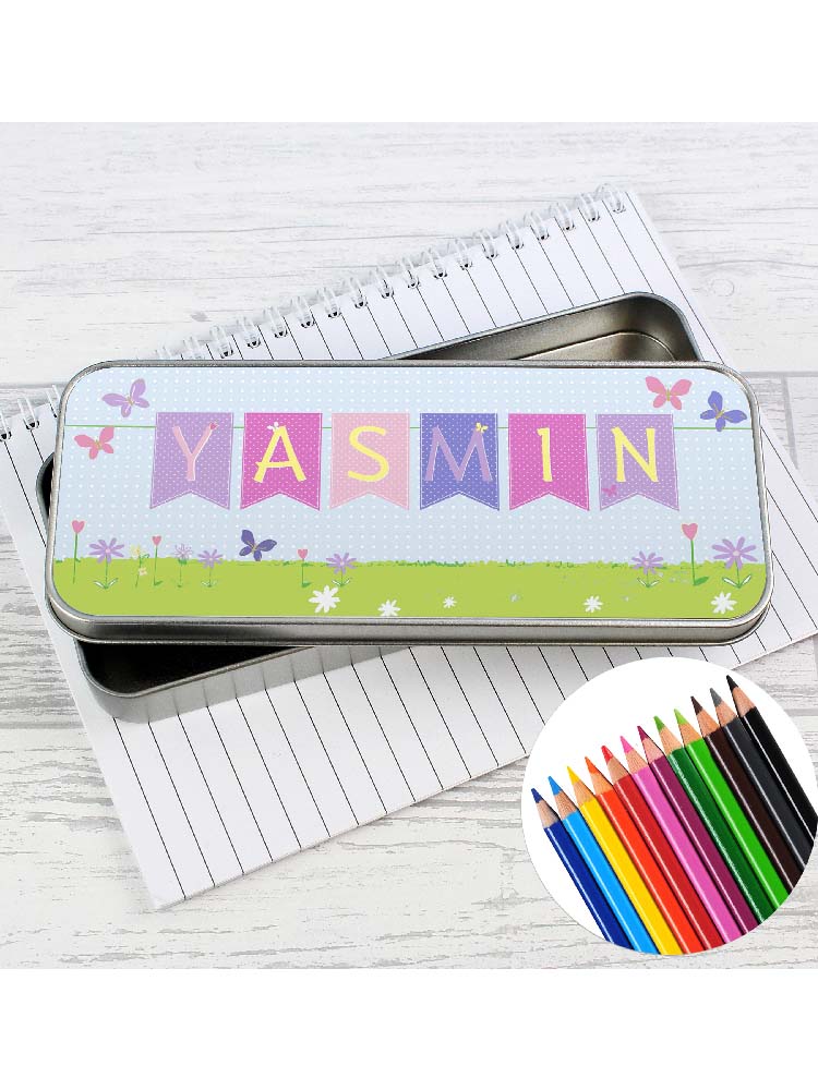 Personalised Garden Bunting Pencil Tin with Pencil Crayons