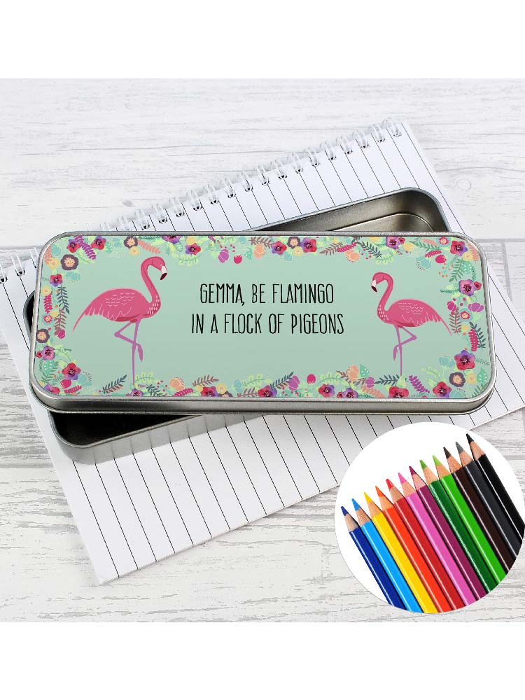 Personalised Flamingo Pencil Tin with Pencil Crayons